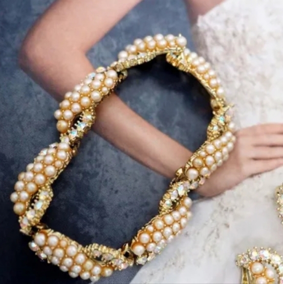 Rare Kramer NY Seed Pearl Parure with Clear AB Rhinestone Bracelet - Picture 3 of 5
